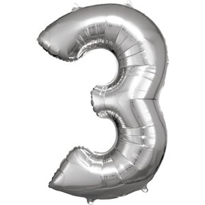 Amscan 3-as ezüst szám születésnapi fólia lufi 86 cm