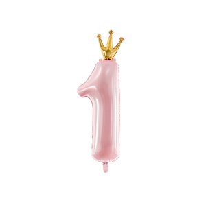 PartyDeco Fólia lufi születésnapi szám 1 világos rózsaszín - koronával