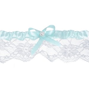 PartyDeco Esküvői harisnyakötő - csipkés, fehér, világoskék szalaggal