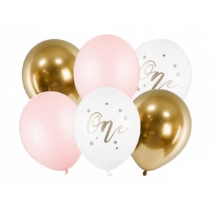 PartyDeco Latex lufik - Első születésnap rózsaszín 6 db