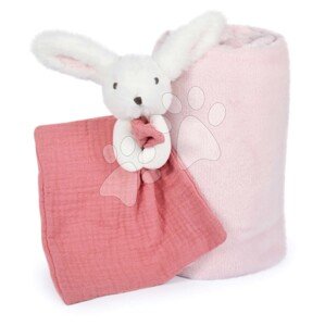 Takaró legkisebbeknek Bunny Happy Boho Doudou et Compagnie plüss nyuszival dédelgetéshez rózsaszín 100*70 cm 0 hó-tól DC3979