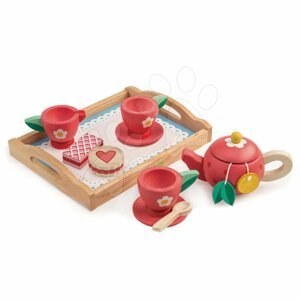 Fa tálca teáskészlettel Tea Tray Tender Leaf Toys 12 darabos készlet teáskancsóval és sütikkel