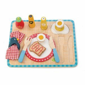Fa tálca reggelivel Breakfast Tray Tender Leaf Toys 12 darabos készlet tányérral és evőeszközökkel