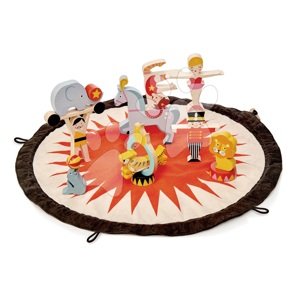 Fa cirkusz Circus Stacker Tender Leaf Toys kerek vászontáskán mintával és figurákkal
