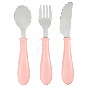 Evőeszközök gyerekeknek Beaba Old Pink 3-részes kanál villa kés rózsaszín 15 cm 12 hónapos kortól