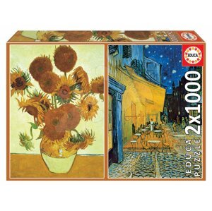 Puzzle Los Girasoles+Terraza De café Por La Noche, Vincent van Gogh Educa 2x1000 darabos és Fix ragasztó 11 évtől