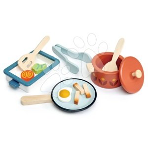 Fa edény palacsintasütővel Pots and Pans Tender Leaf Toys főzőkanállal és élelmiszerekkel