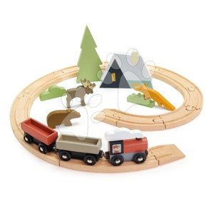 Fa vonatpálya hegyekben Treetops Train Set Tender Leaf Toys vonattal állatkákkal és faházzal