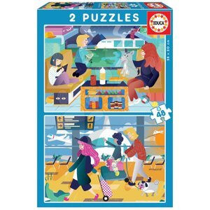 Gyerek puzzle Vasútállomás és Repülőtér Educa 2x48 darabos