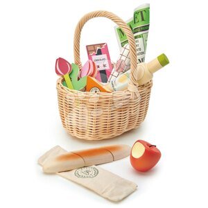 Fa kosár tulipánokkal Wicker Shopping Basket Tender Leaf Toys csokival limonádéval sajttal és további élelmiszerekkel