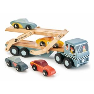 Fa kamion Car Transporter Tender Leaf Toys mozgatható platóval és 4 autóval