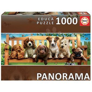 Puzzle panoráma Puppies on a bench Educa 1000 darabos és Fix ragasztóval 11 évtől