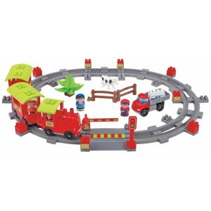 Építőjáték Vonat sínekkel Steam Train Abrick Ecoiffier 2 vasúti kocsival és 4 figurával 18 hónapos kortól