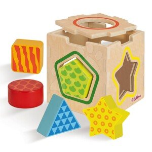 Fa készségfejlesztő kocka Color Shape Sorting Box 5 formaillesztő alakzattal12 hó-tól