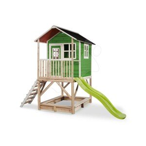 Házikó pilléreken cédrusból Loft 500 Green Exit Toys vízhatlan tetővel homokozóval és 1,75 m csúszdával zöld