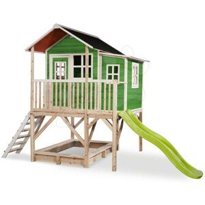 Házikó pilléreken cédrusból Loft 550 Green Exit Toys nagy vízhatlan tetővel homokozóval és 1,75 m csúszdával zöld