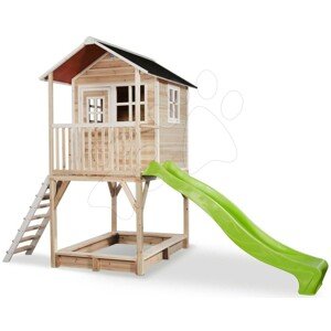 Házikó pilléreken cédrusból Loft 700 Natural Exit Toys vízhatlan tetővel homokozóval és 2,28 m csúszdával natúr