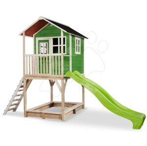 Házikó pilléreken cédrusból Loft 700 Green Exit Toys vízhatlan tetővel homokozóval és 2,28 m csúszdával zöld