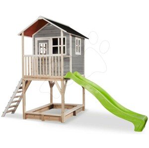 Házikó pilléreken cédrusból Loft 700 Grey Exit Toys vízhatlan tetővel homokozóval és 2,28 m csúszdával szürke