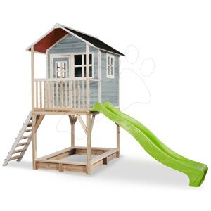 Házikó pilléreken cédrusból Loft 700 Blue Exit Toys vízhatlan tetővel homokozóval és 2,28 m csúszdával kék