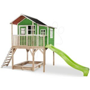 Házikó pilléreken cédrusból Loft 750 Green Exit Toys nagy vízhatlan tetővel homokozóval és 2,28 m csúszdával zöld