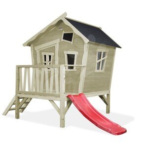 Házikó pilléreken cédrusból Crooky 300 Exit Toys vízhatlan tetővel és csúszdával szürkés-bézs