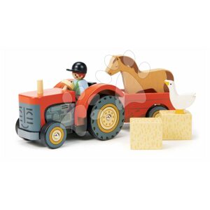 Fa traktor utánfutóval Farmyard Tractor Tender Leaf Toys gazda figurával és állatkákkal 18 hó-tól