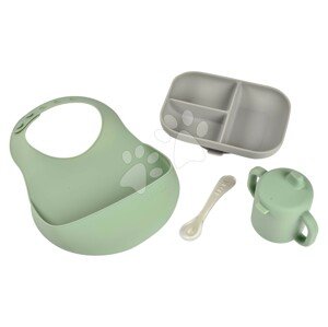 Étkezőgarnitúra Silicone Meal Essentials Set Beaba bögrével tányérral kanállal és előkével zöld-szürke 8 hó-tól BE913556